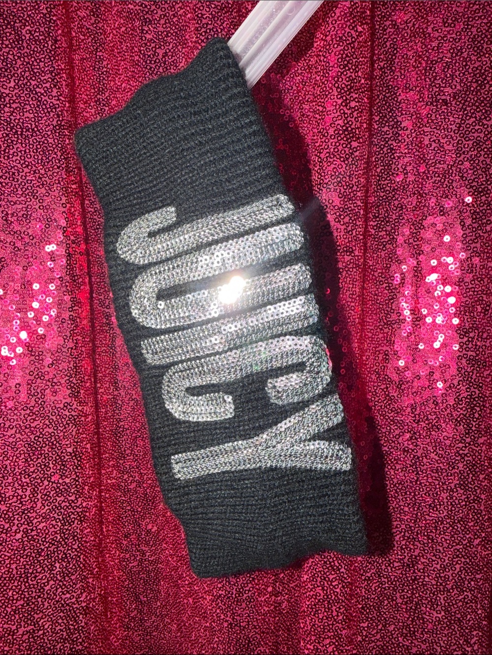 Y2K Juicy Couture Black Knit Headband with Silver Sequin Logo
